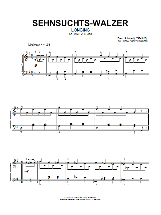 Franz Schubert Sehnsuchts-Walzer (Longing), Op.9, No.2, D365 sheet music notes and chords. Download Printable PDF.