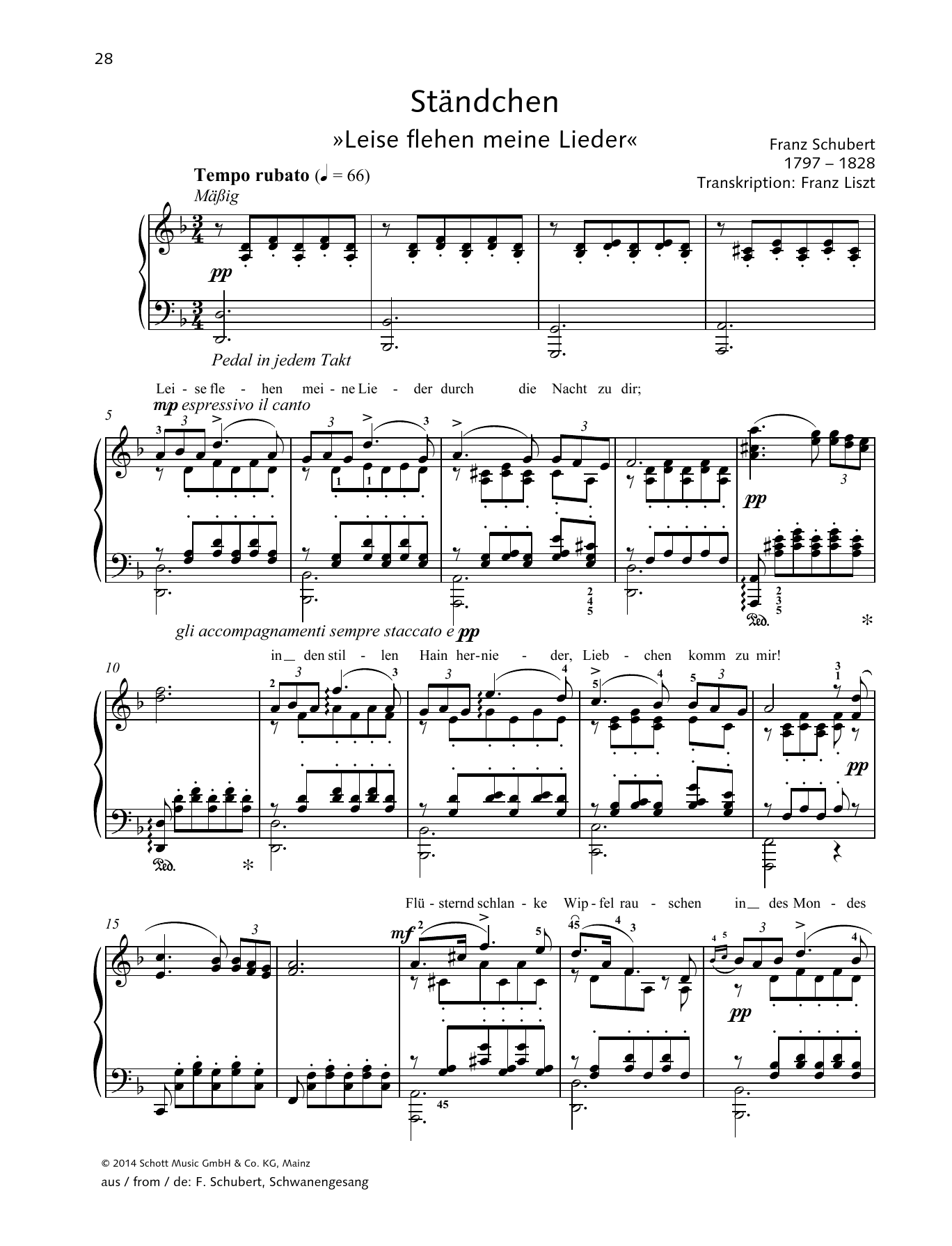 Franz Schubert Ständchen sheet music notes and chords. Download Printable PDF.