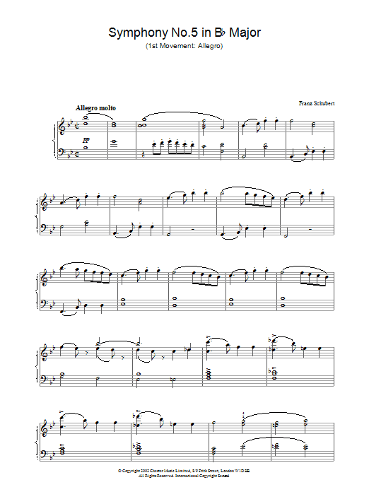 Franz Schubert Symphony No.5 in B Flat Major - 1st Movement: Allegro sheet music notes and chords arranged for Piano Solo