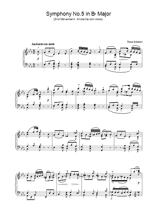 Franz Schubert Symphony No.5 in B Flat Major - 2nd Movement: Andante con moto sheet music notes and chords arranged for Piano Solo