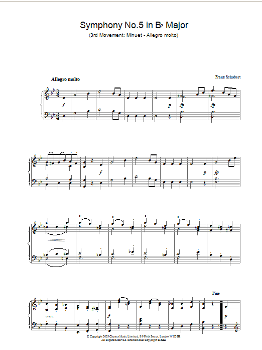 Franz Schubert Symphony No.5 in B Flat Major - 3rd Movement: Minuet - Allegro molto sheet music notes and chords arranged for Piano Solo