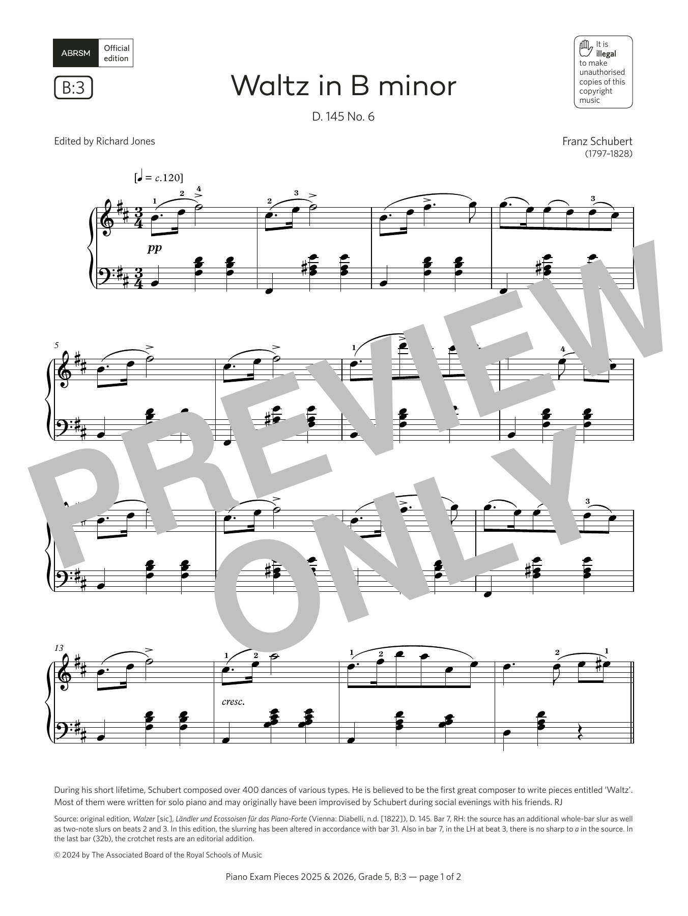 Franz Schubert Waltz in B minor (Grade 5, list B3, from the ABRSM Piano Syllabus 2025 & 2026) sheet music notes and chords. Download Printable PDF.