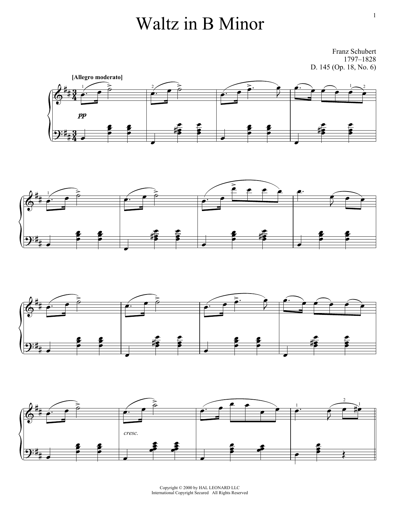 Franz Schubert Waltz In B Minor, Op. 18, No. 6 sheet music notes and chords. Download Printable PDF.