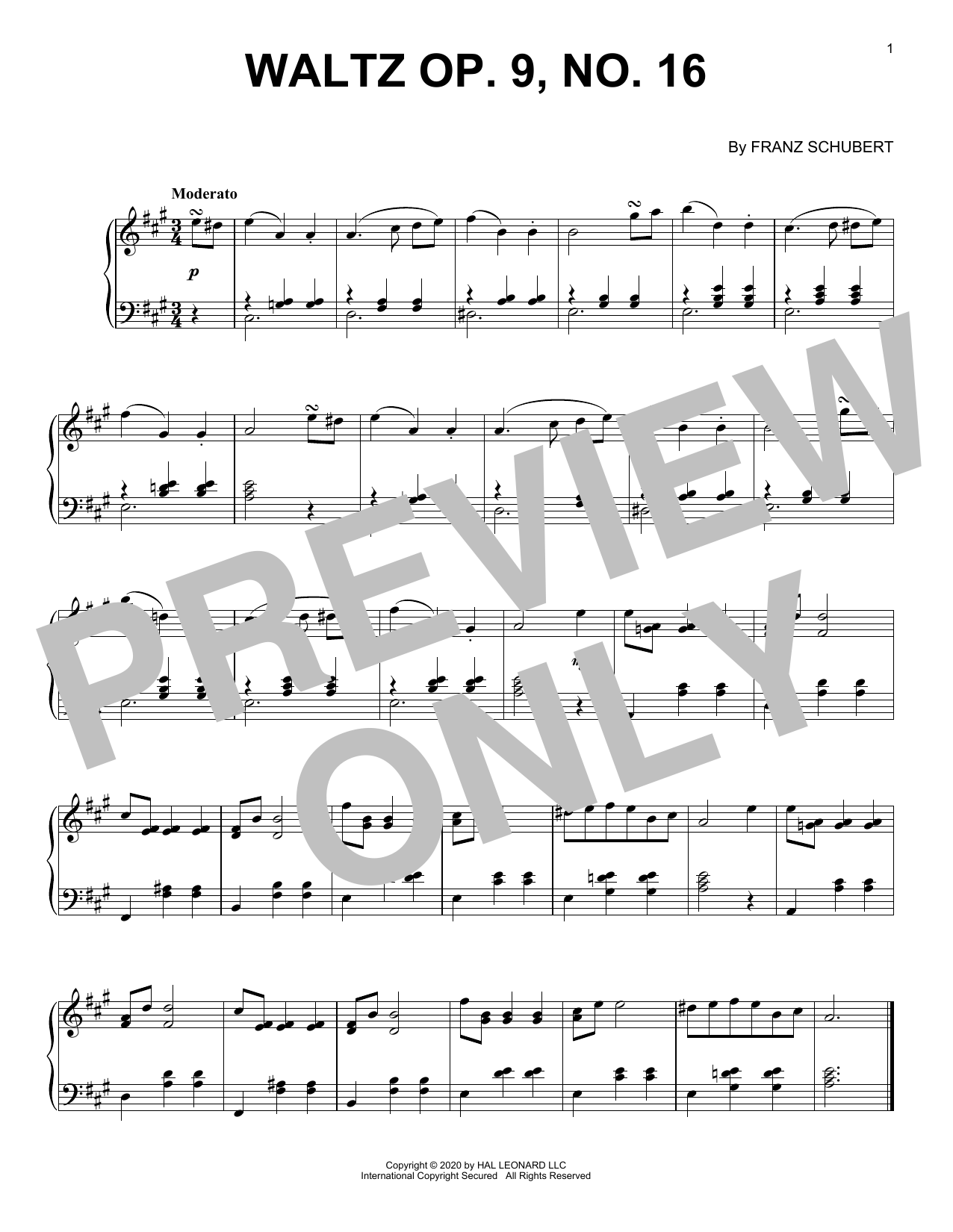 Franz Schubert Waltz, Op. 9, No. 16 sheet music notes and chords arranged for Piano Solo