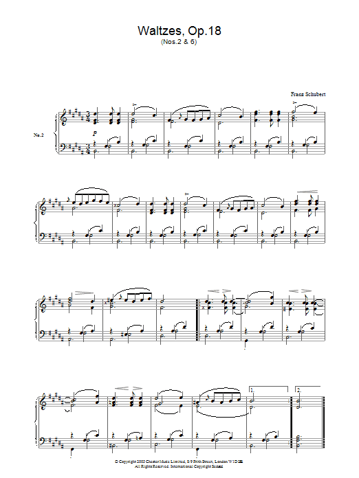 Franz Schubert Waltzes Op.18, No.2 & No.6 sheet music notes and chords arranged for Piano Solo