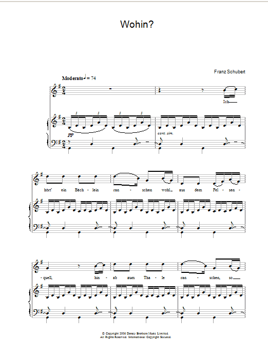 Learn to play Franz Schubert Wohin sheet music for Piano, Vocal & Guitar Chords in minutes. Price: 7.8900$ Franz Schubert Wohin sheet music notes and chords arranged for Piano, Vocal & Guitar Chords