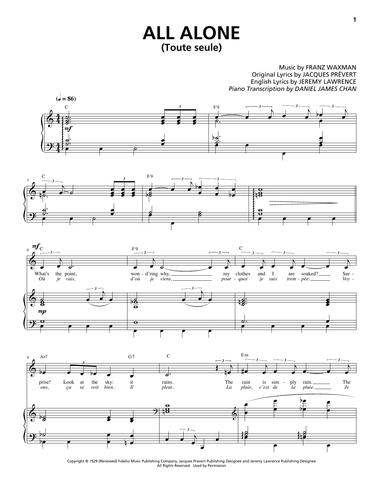 Learn to play Franz Waxman All Alone (Toute Seule) sheet music for Piano & Vocal in minutes. Price: 7.8900$ Franz Waxman All Alone (Toute Seule) sheet music notes and chords arranged for Piano & Vocal