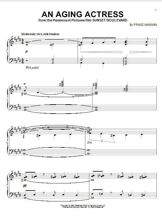 Learn to play Franz Waxman An Aging Actress sheet music for Piano Solo in minutes. Price: 7.8900$ Franz Waxman An Aging Actress sheet music notes and chords arranged for Piano Solo