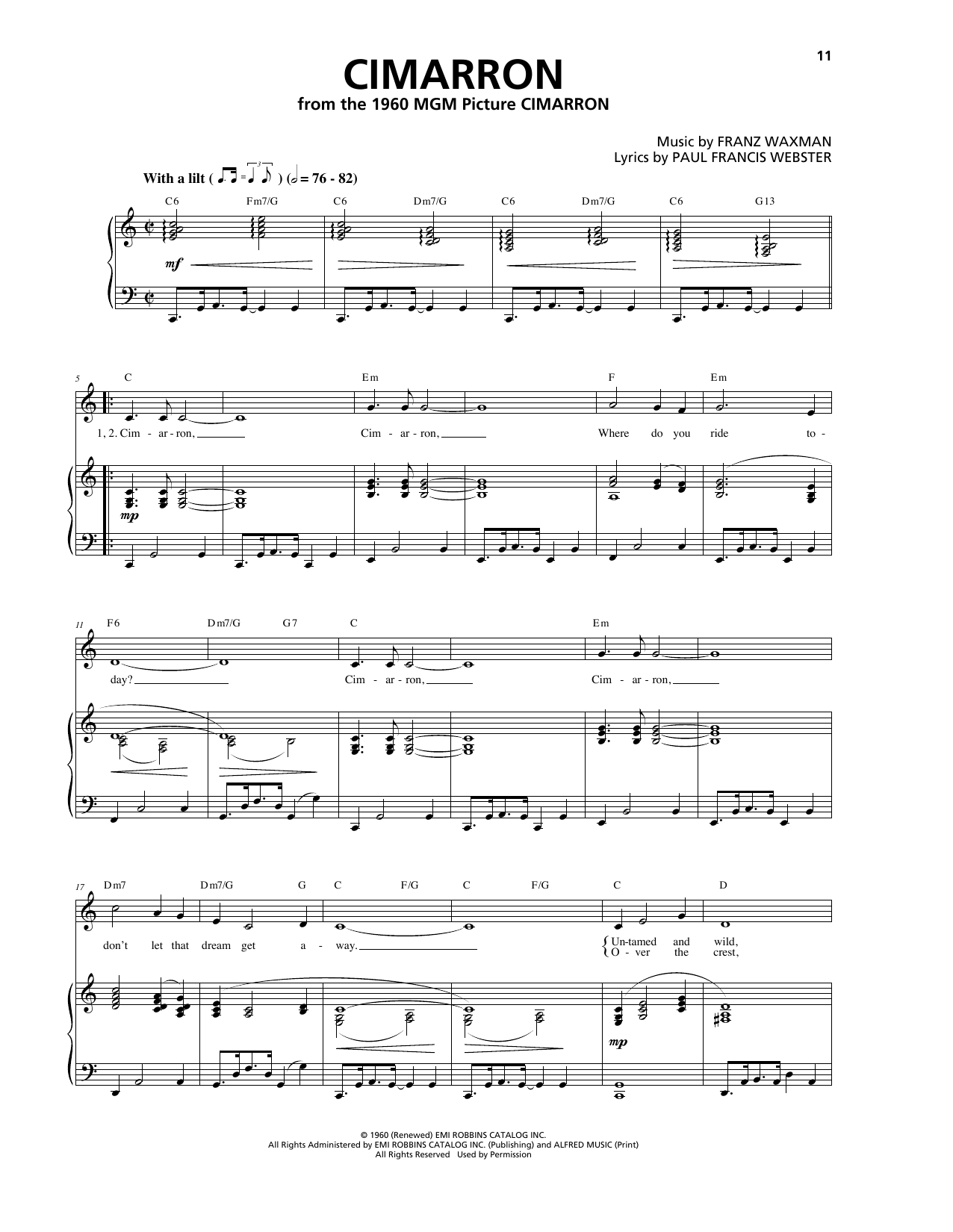 Learn to play Franz Waxman Cimarron sheet music for Piano, Vocal & Guitar Chords (Right-Hand Melody) in minutes. Price: 7.8900$ Franz Waxman Cimarron sheet music notes and chords arranged for Piano, Vocal & Guitar Chords (Right-Hand Melody)
