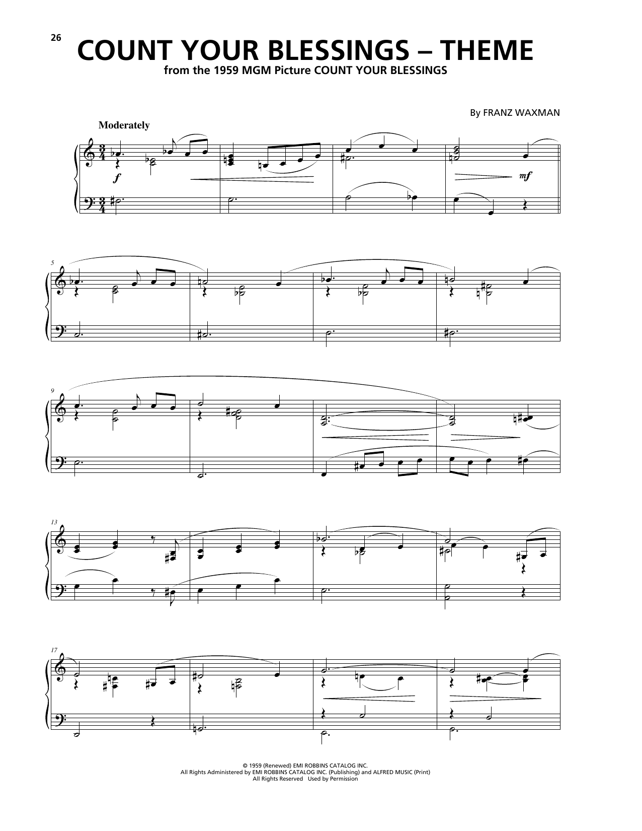 Learn to play Franz Waxman Count Your Blessings (Theme) sheet music for Piano Solo in minutes. Price: 7.8900$ Franz Waxman Count Your Blessings (Theme) sheet music notes and chords arranged for Piano Solo