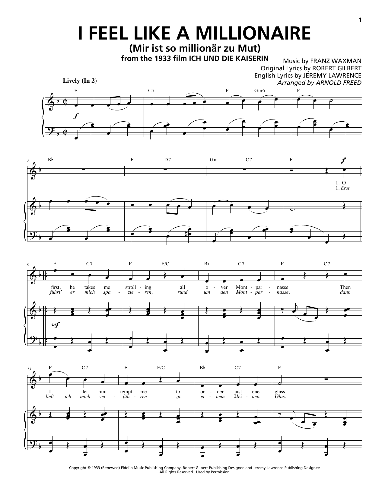 Learn to play Franz Waxman I Feel Like A Millionaire (Mir ist so millionär zu Mut) sheet music for Piano & Vocal in minutes. Price: 7.8900$ Franz Waxman I Feel Like A Millionaire (Mir ist so millionär zu Mut) sheet music notes and chords arranged for Piano & Vocal