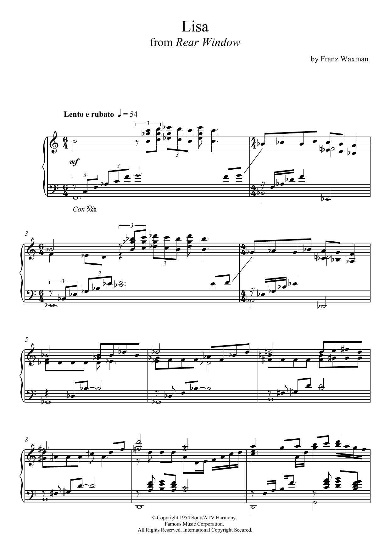 Learn to play Franz Waxman Lisa from 'Rear Window' sheet music for Piano Solo in minutes. Price: 7.8900$ Franz Waxman Lisa from 'Rear Window' sheet music notes and chords arranged for Piano Solo
