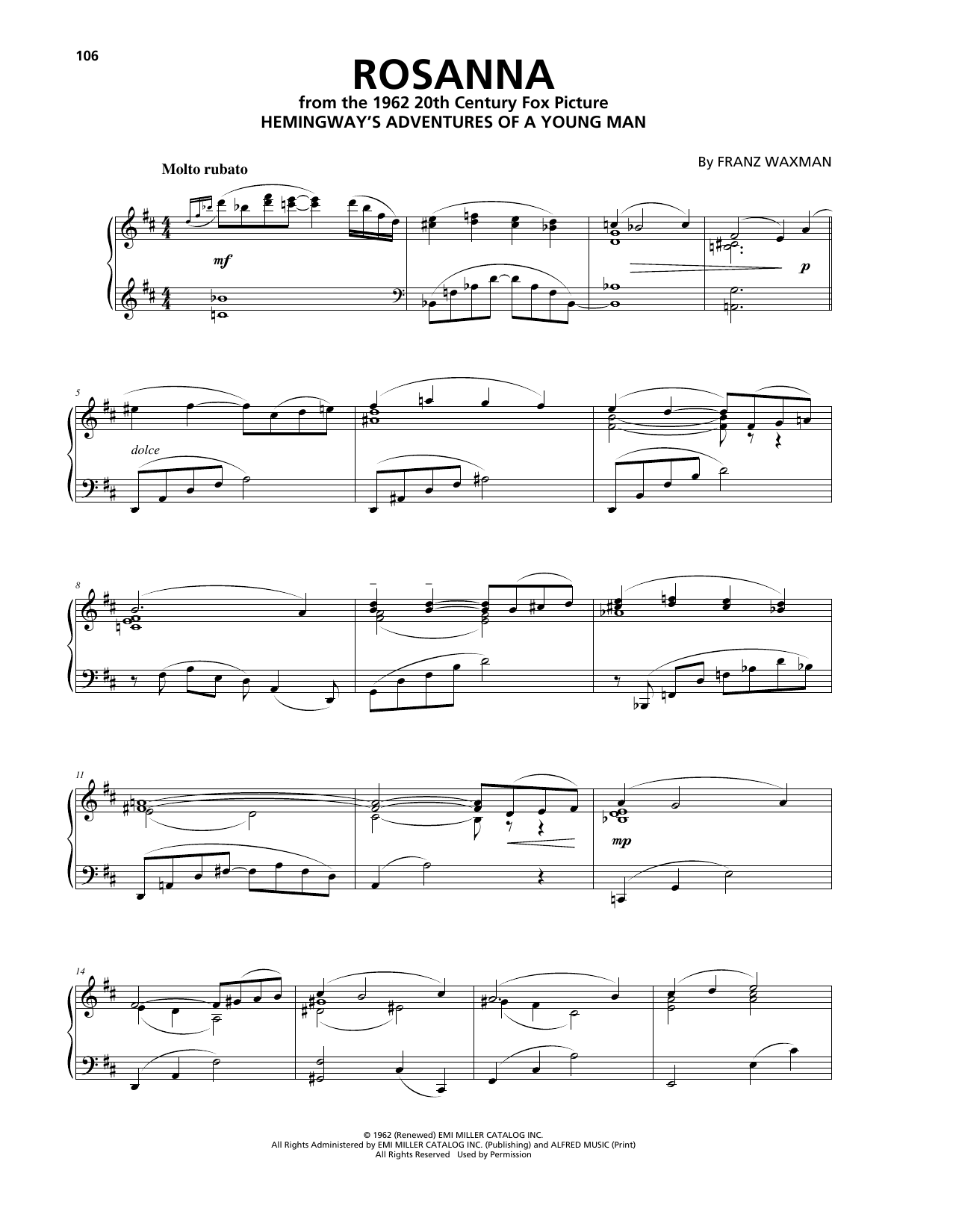 Learn to play Franz Waxman Rosanna sheet music for Piano Solo in minutes. Price: 7.8900$ Franz Waxman Rosanna sheet music notes and chords arranged for Piano Solo