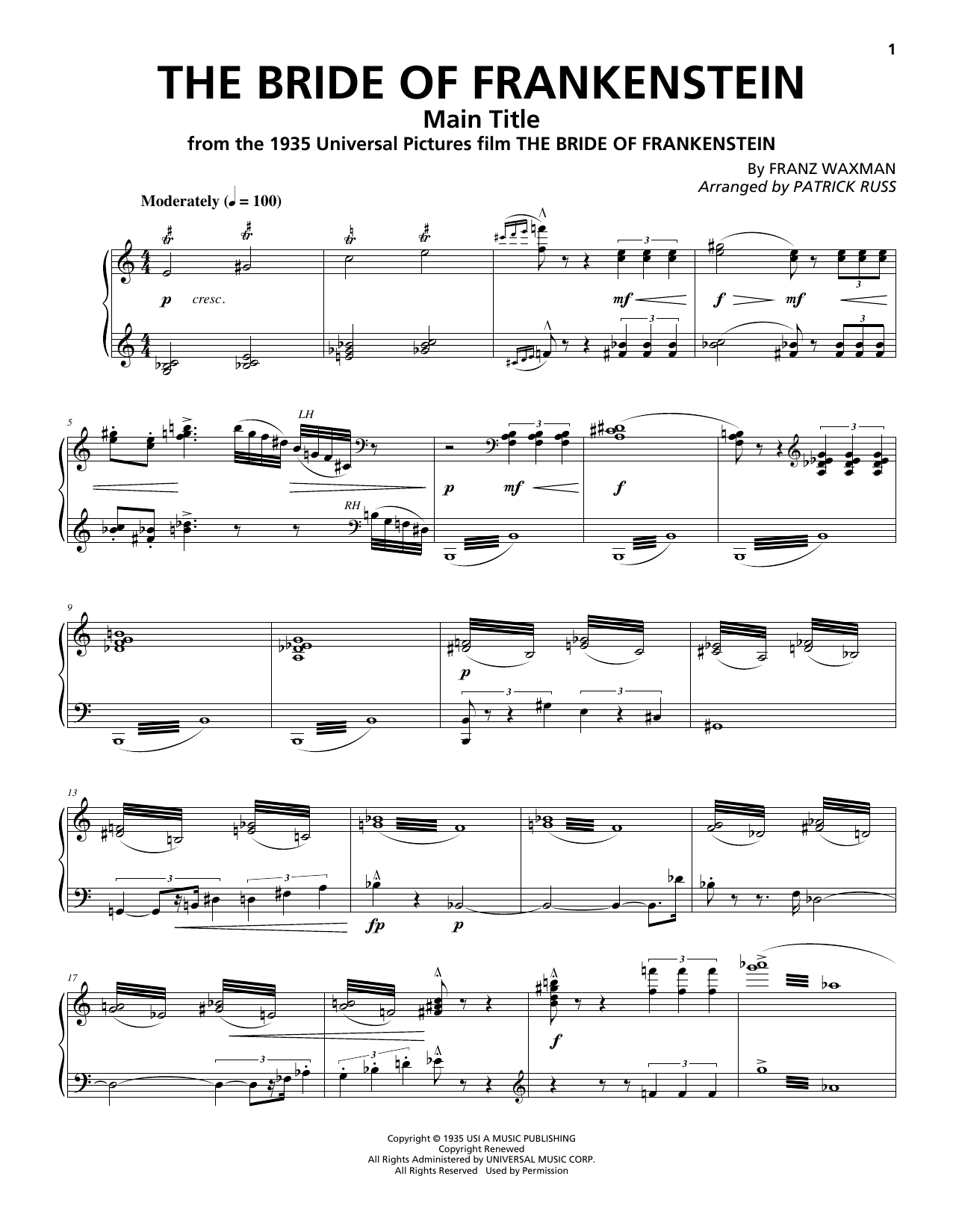 Learn to play Franz Waxman The Bride Of Frankenstein - Main Title sheet music for Piano & Vocal in minutes. Price: 7.8900$ Franz Waxman The Bride Of Frankenstein - Main Title sheet music notes and chords arranged for Piano & Vocal