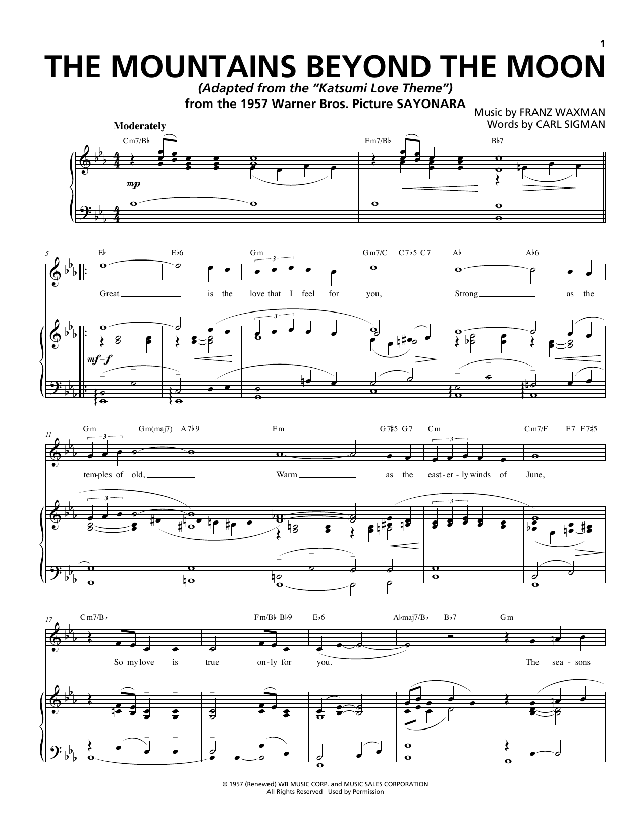 Learn to play Franz Waxman The Mountains Beyond The Moon sheet music for Piano & Vocal in minutes. Price: 7.8900$ Franz Waxman The Mountains Beyond The Moon sheet music notes and chords arranged for Piano & Vocal