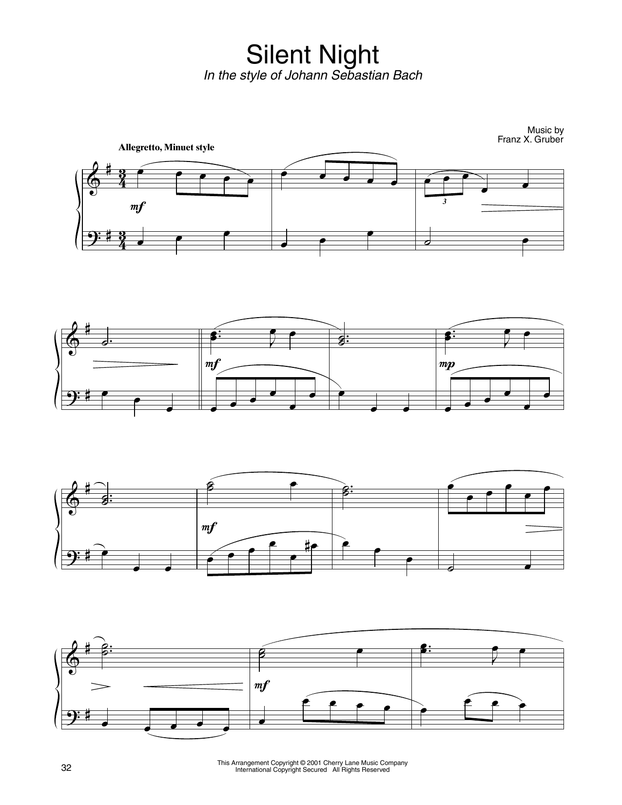 Franz X. Gruber Silent Night (in the style of J.S. Bach) (arr. Carol Klose) sheet music notes and chords. Download Printable PDF.