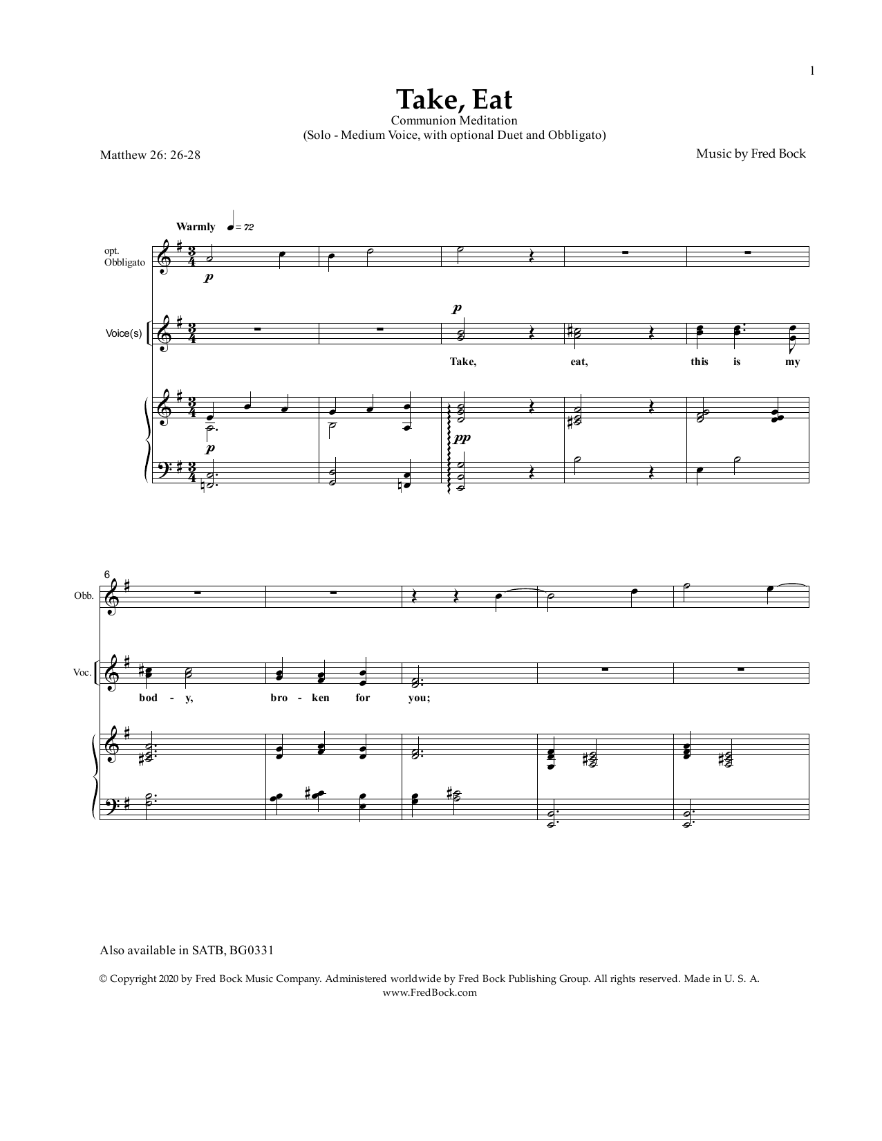 Fred Bock Take, Eat sheet music notes and chords. Download Printable PDF.