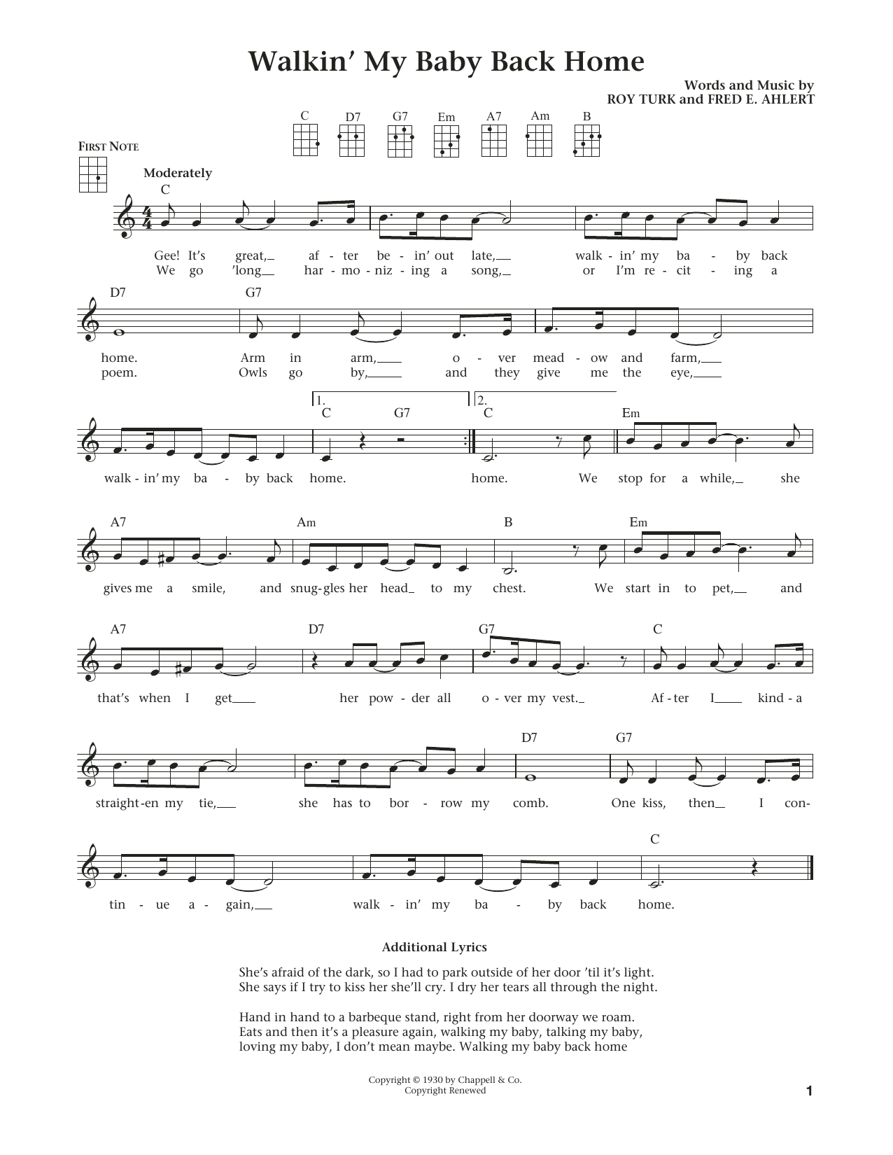 Learn to play Fred E. Ahlert Walkin' My Baby Back Home (from The Daily Ukulele) (arr. Liz and Jim Beloff) sheet music for Ukulele in minutes. Price: 5.9900$ Fred E. Ahlert Walkin' My Baby Back Home (from The Daily Ukulele) (arr. Liz and Jim Beloff) sheet music notes and chords arranged for Ukulele