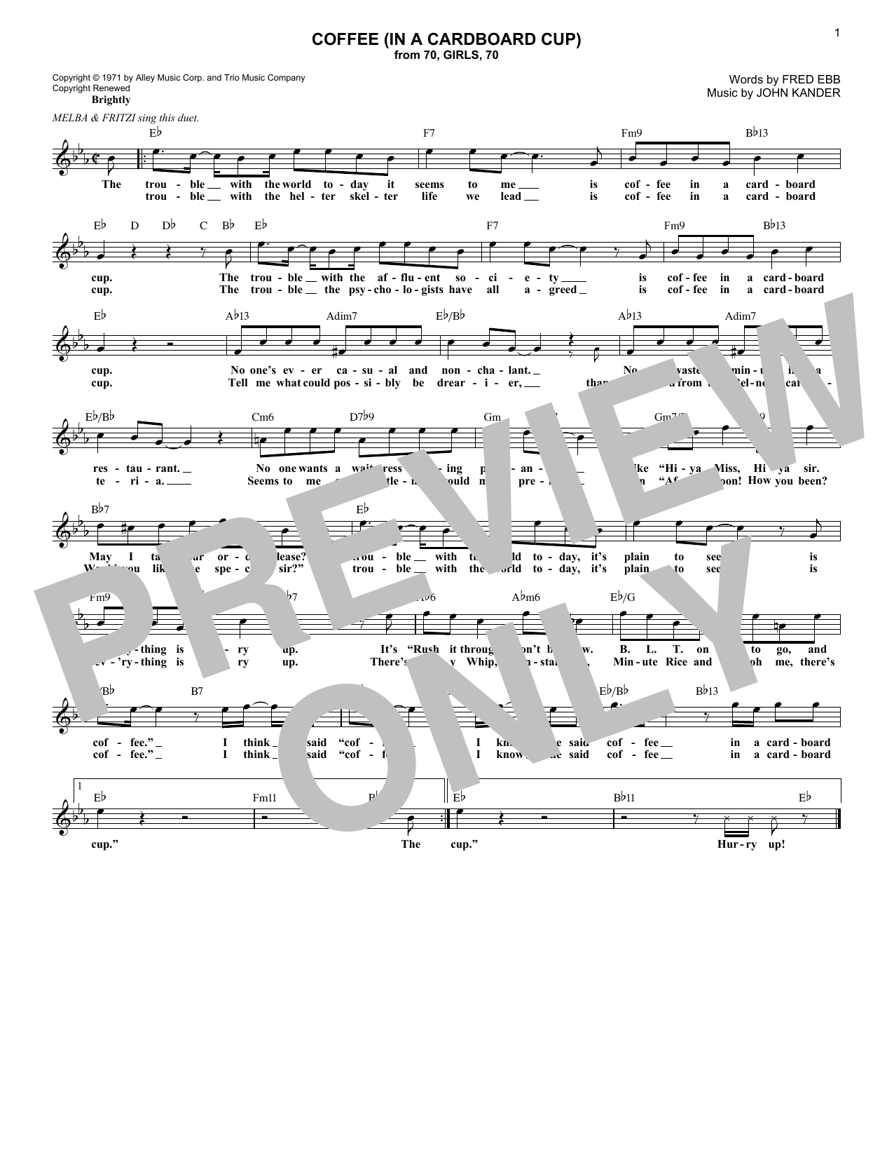 Learn to play Fred Ebb Coffee (In A Cardboard Cup) sheet music for Lead Sheet / Fake Book in minutes. Price: 5.9900$ Fred Ebb Coffee (In A Cardboard Cup) sheet music notes and chords arranged for Lead Sheet / Fake Book