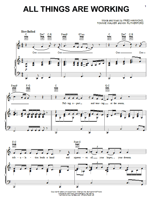 Learn to play Fred Hammond All Things Are Working sheet music for Piano, Vocal & Guitar Chords (Right-Hand Melody) in minutes. Price: 7.8900$ Fred Hammond All Things Are Working sheet music notes and chords arranged for Piano, Vocal & Guitar Chords (Right-Hand Melody)
