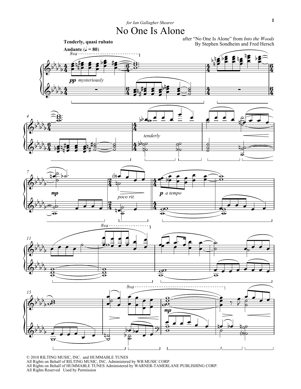 Fred Hersch No One Is Alone (from Into The Woods) sheet music notes and chords. Download Printable PDF.