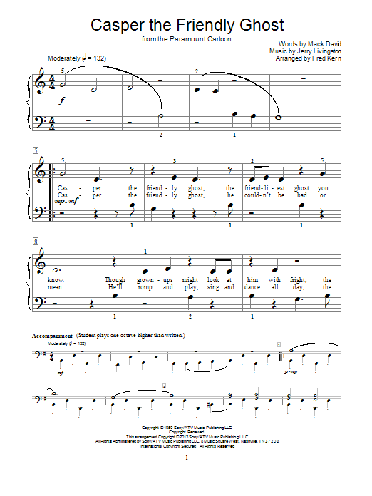 Learn to play Fred Kern Casper The Friendly Ghost sheet music for Educational Piano in minutes. Price: 6.9900$ Fred Kern Casper The Friendly Ghost sheet music notes and chords arranged for Educational Piano