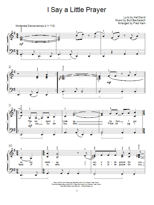 Learn to play Fred Kern I Say A Little Prayer sheet music for Educational Piano in minutes. Price: 6.9900$ Fred Kern I Say A Little Prayer sheet music notes and chords arranged for Educational Piano