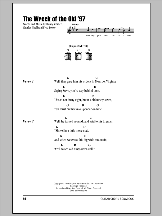 Learn to play Fred Lewey The Wreck Of The Old '97 sheet music for Guitar Chords/Lyrics in minutes. Price: 4.4900$ Fred Lewey The Wreck Of The Old '97 sheet music notes and chords arranged for Guitar Chords/Lyrics