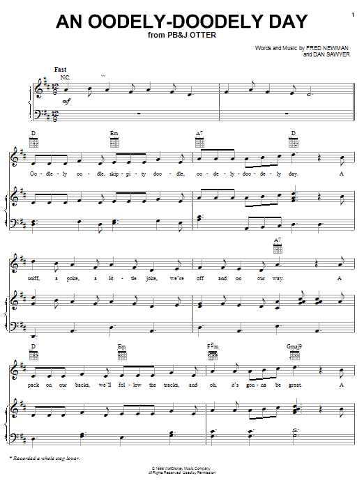 Learn to play Fred Newman An Oodely-Doodely Day (from the Disney TV Series PB&J Otter) sheet music for Piano, Vocal & Guitar Chords (Right-Hand Melody) in minutes. Price: 7.8900$ Fred Newman An Oodely-Doodely Day (from the Disney TV Series PB&J Otter) sheet music notes and chords arranged for Piano, Vocal & Guitar Chords (Right-Hand Melody)