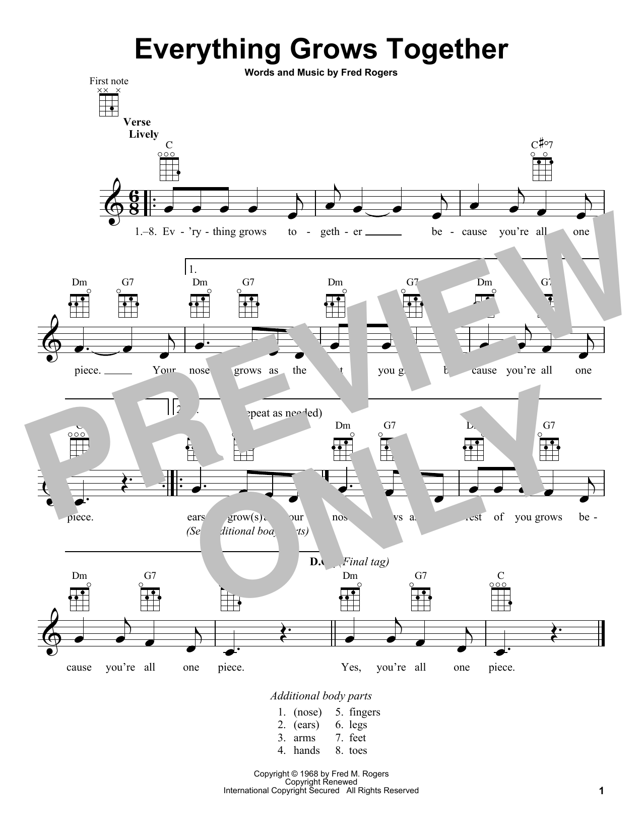 Learn to play Fred Rogers Everything Grows Together (from Mister Rogers' Neighborhood) sheet music for Ukulele in minutes. Price: 5.9900$ Fred Rogers Everything Grows Together (from Mister Rogers' Neighborhood) sheet music notes and chords arranged for Ukulele