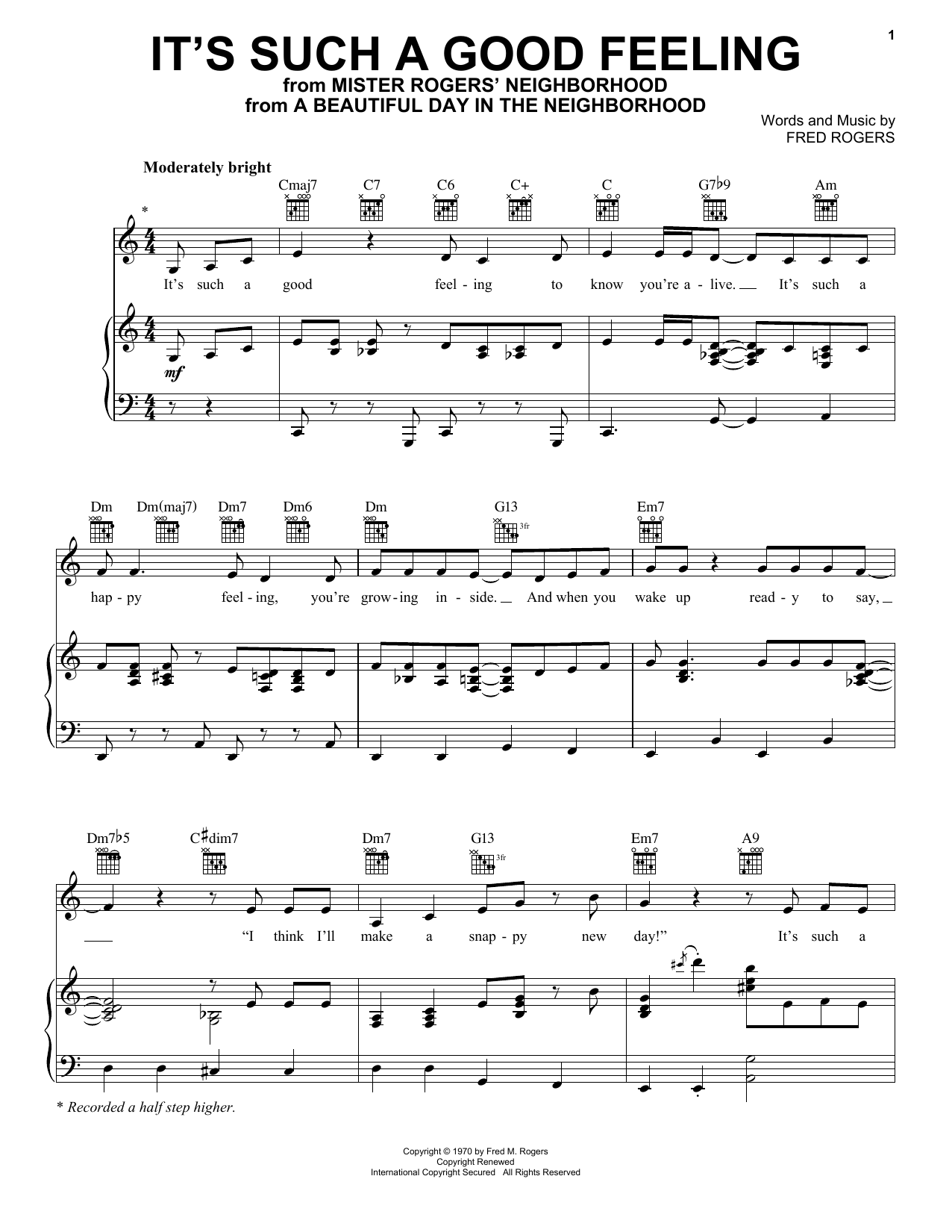 Fred Rogers It's Such A Good Feeling (from A Beautiful Day in the Neighborhood) sheet music notes and chords. Download Printable PDF.