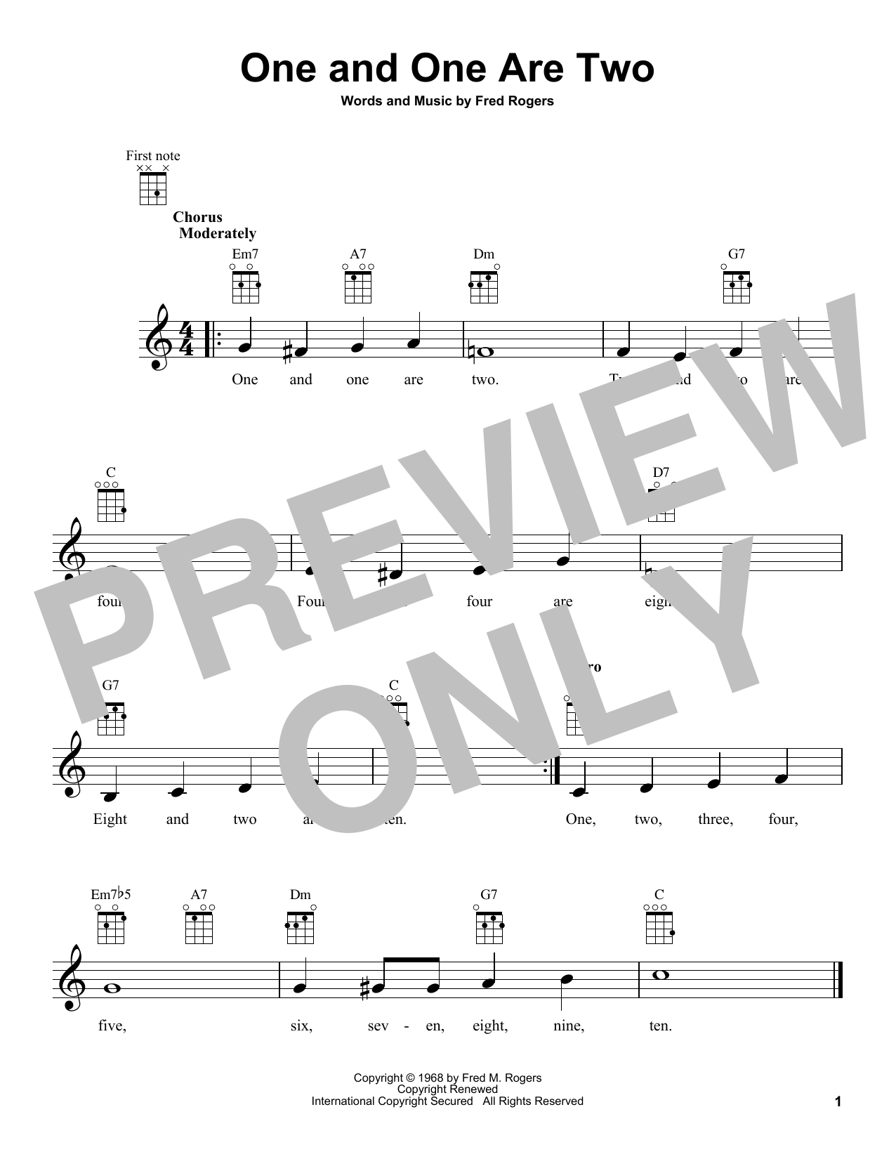 Learn to play Fred Rogers One And One Are Two (from Mister Rogers' Neighborhood) sheet music for Ukulele in minutes. Price: 5.9900$ Fred Rogers One And One Are Two (from Mister Rogers' Neighborhood) sheet music notes and chords arranged for Ukulele