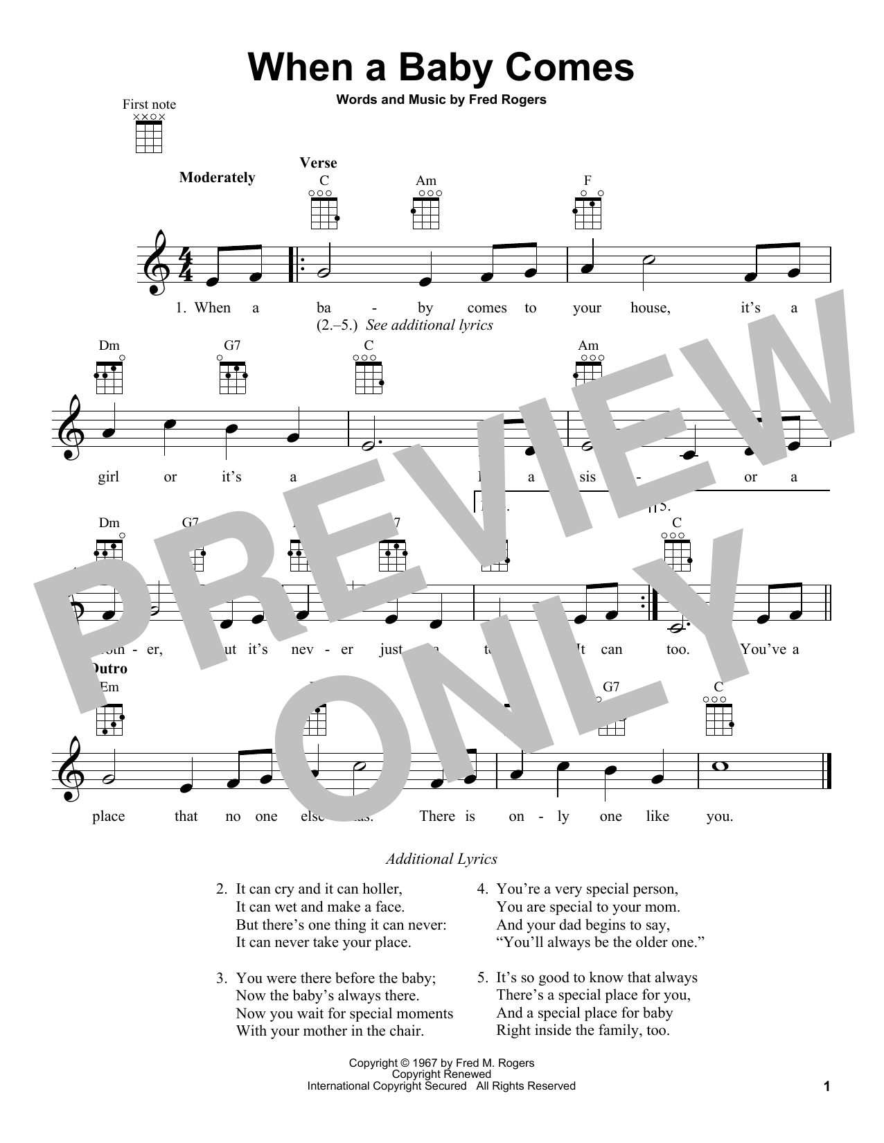 Learn to play Fred Rogers When A Baby Comes (from Mister Rogers' Neighborhood) sheet music for Ukulele in minutes. Price: 5.9900$ Fred Rogers When A Baby Comes (from Mister Rogers' Neighborhood) sheet music notes and chords arranged for Ukulele