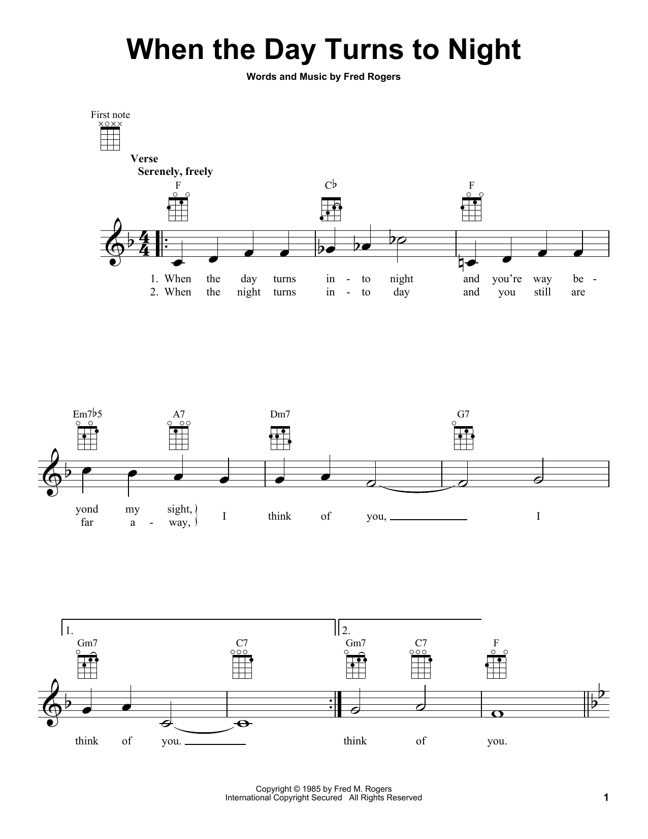 Learn to play Fred Rogers When The Day Turns To Night (from Mister Rogers' Neighborhood) sheet music for Ukulele in minutes. Price: 5.9900$ Fred Rogers When The Day Turns To Night (from Mister Rogers' Neighborhood) sheet music notes and chords arranged for Ukulele