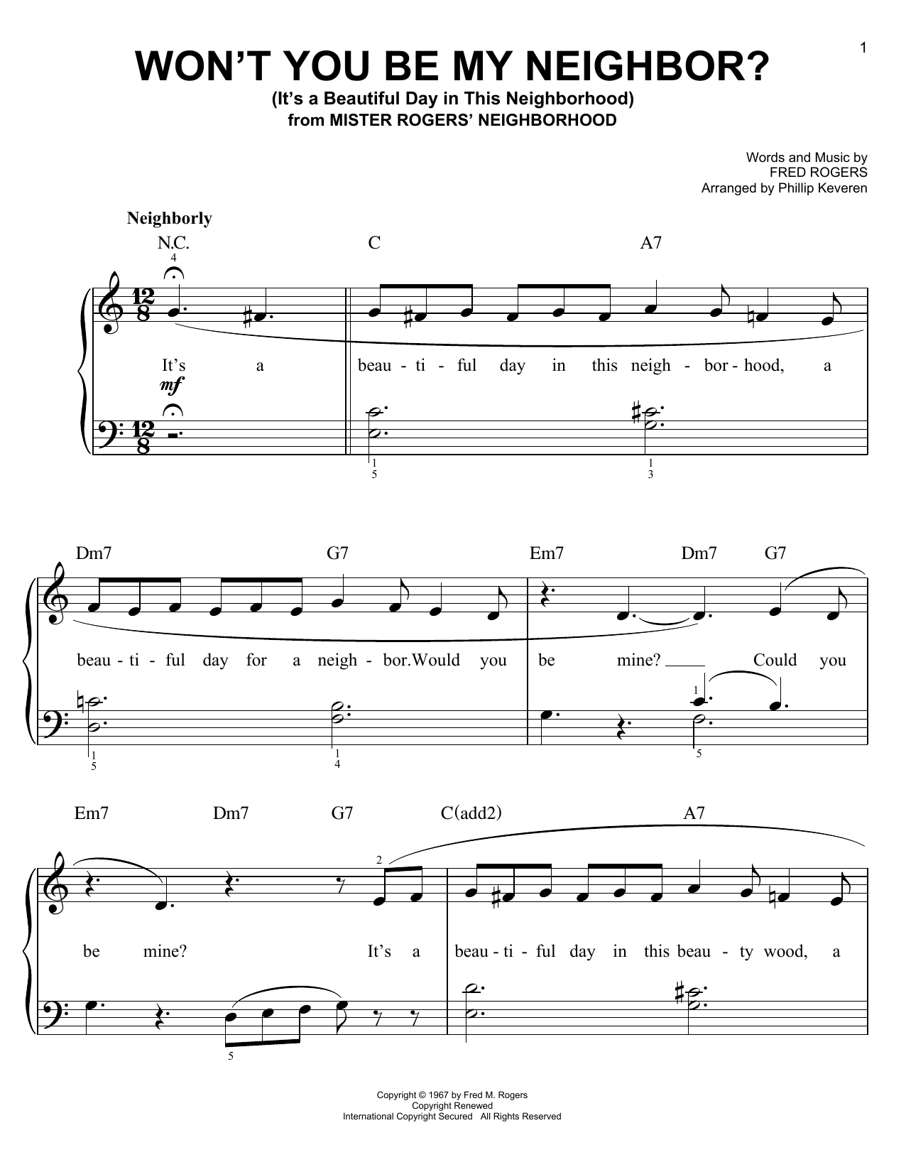 Fred Rogers Won't You Be My Neighbor? (It's A Beautiful Day In The Neighborhood) (arr. Phillip Keveren) sheet music notes and chords. Download Printable PDF.