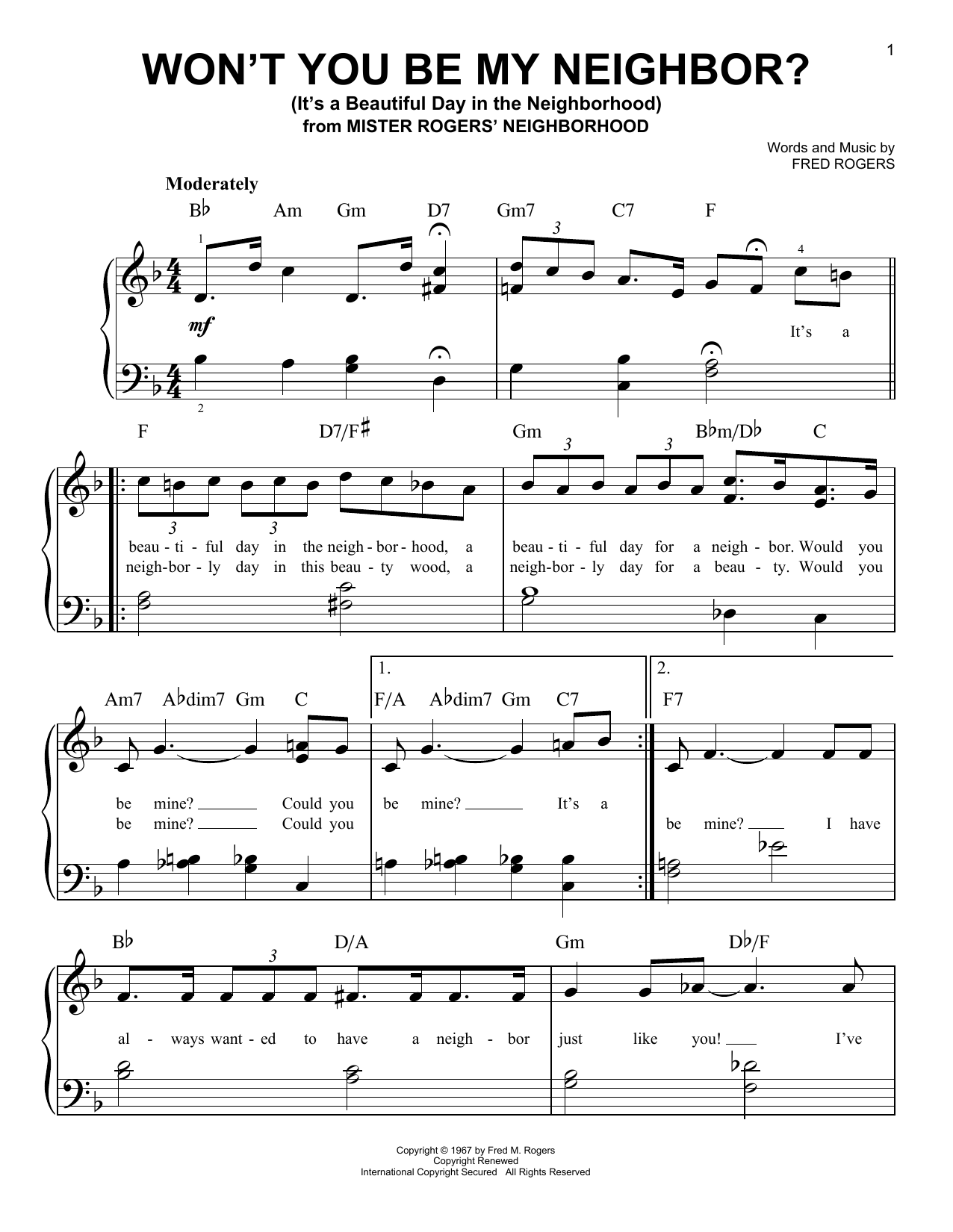 Fred Rogers Won't You Be My Neighbor? (It's A Beautiful Day In The Neighborhood) sheet music notes and chords. Download Printable PDF.