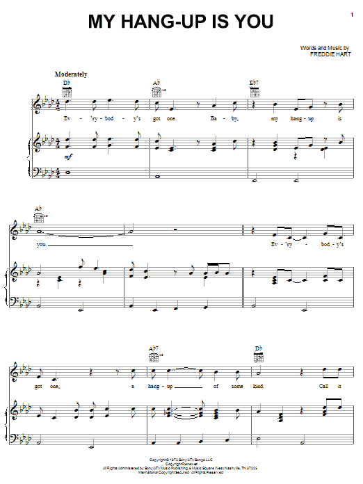 Learn to play Freddie Hart My Hang-Up Is You sheet music for Piano, Vocal & Guitar Chords (Right-Hand Melody) in minutes. Price: 7.8900$ Freddie Hart My Hang-Up Is You sheet music notes and chords arranged for Piano, Vocal & Guitar Chords (Right-Hand Melody)