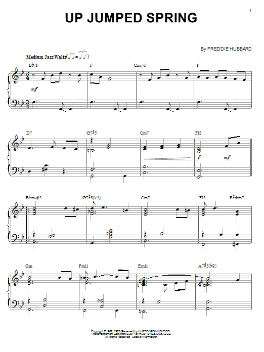 Learn to play Freddie Hubbard Up Jumped Spring (arr. Brent Edstrom) sheet music for Piano Solo in minutes. Price: 7.8900$ Freddie Hubbard Up Jumped Spring (arr. Brent Edstrom) sheet music notes and chords arranged for Piano Solo