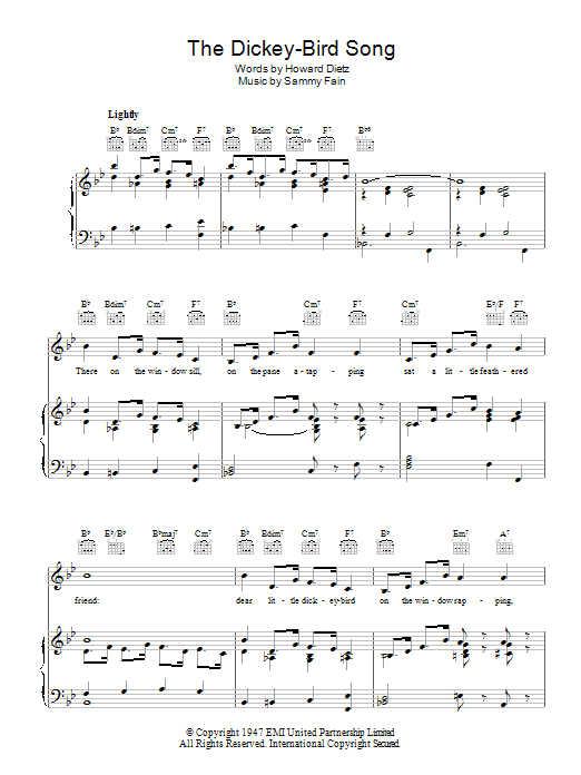 Learn to play Freddy Martin The Dickey-Bird Song sheet music for Piano, Vocal & Guitar Chords in minutes. Price: 7.8900$ Freddy Martin The Dickey-Bird Song sheet music notes and chords arranged for Piano, Vocal & Guitar Chords