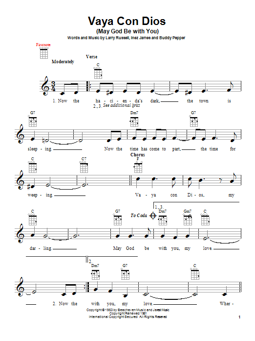 Learn to play Freddy Fender Vaya Con Dios (May God Be With You) sheet music for Ukulele in minutes. Price: 5.9900$ Freddy Fender Vaya Con Dios (May God Be With You) sheet music notes and chords arranged for Ukulele