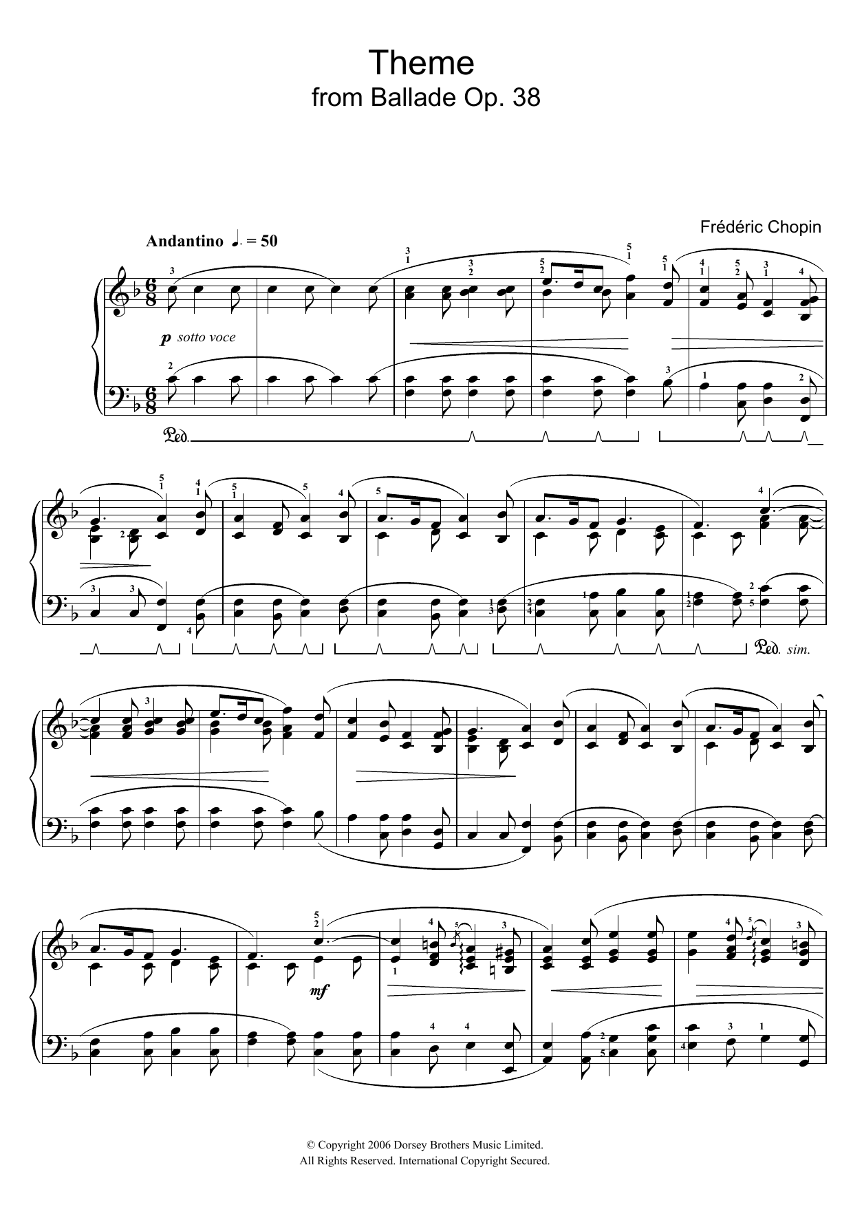 Frederic Chopin Ballade Op. 38 (Theme) sheet music notes and chords arranged for Piano Solo