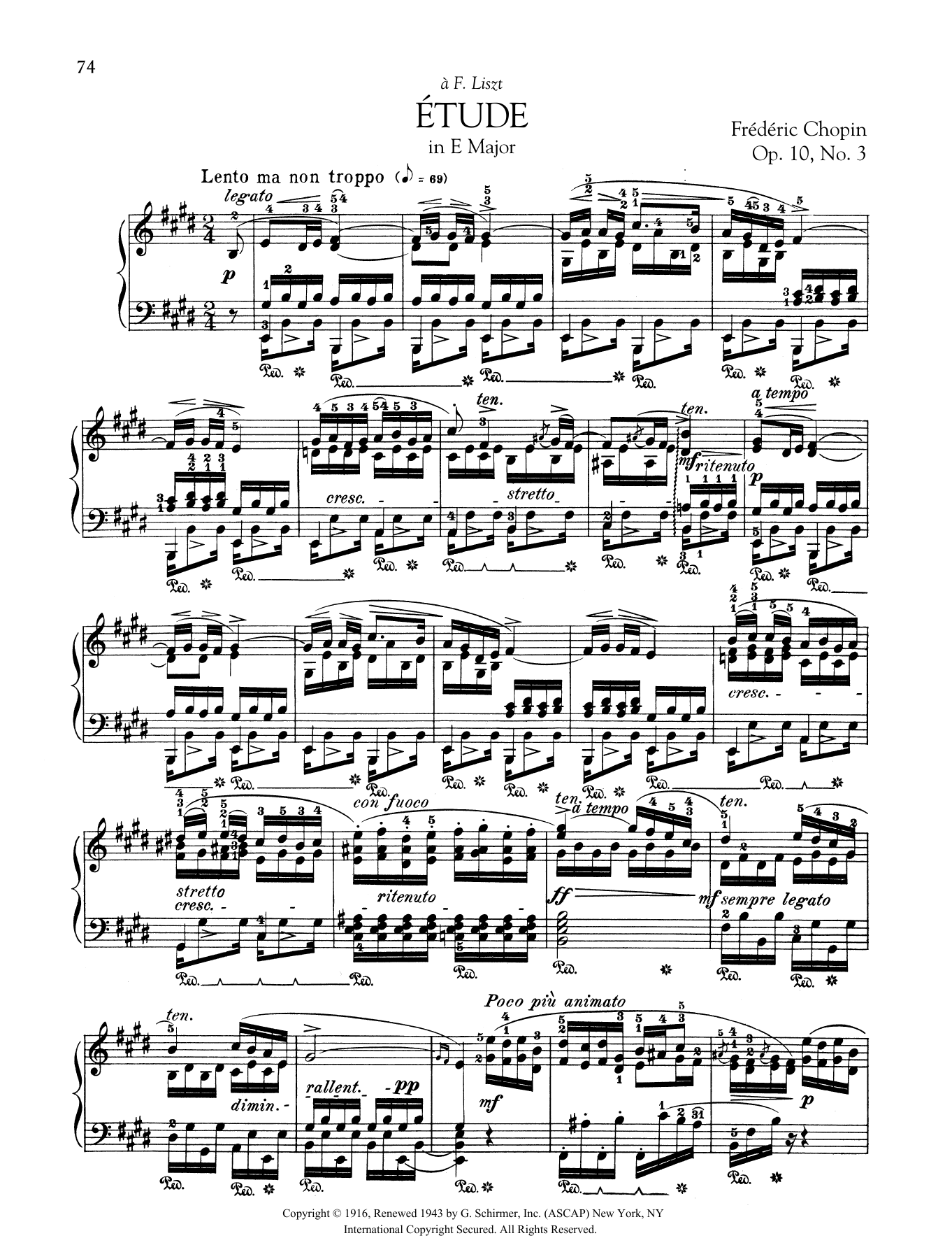 Frederic Chopin Etude in E Major, Op. 10, No. 3 sheet music notes and chords arranged for Piano Solo