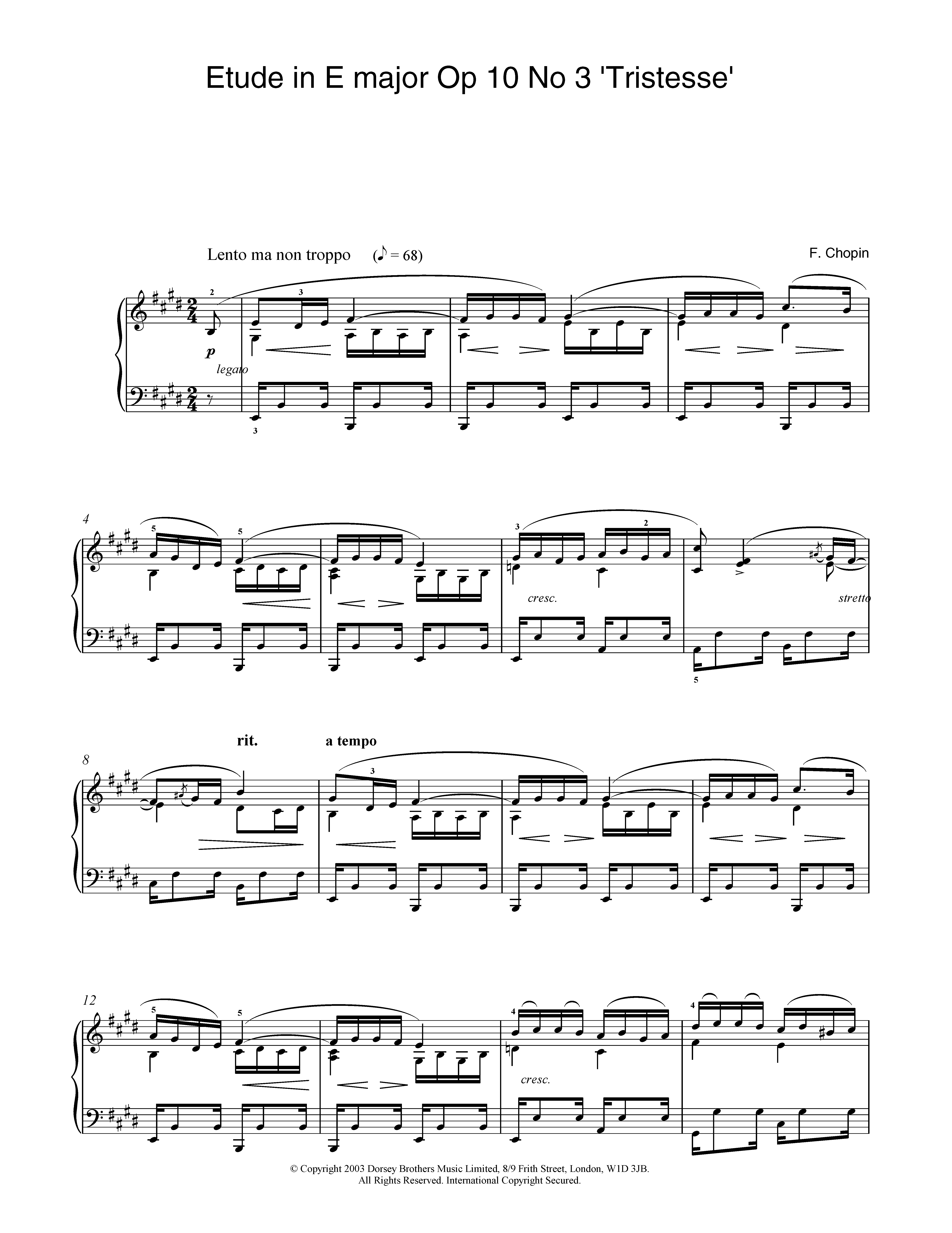 Frederic Chopin Etude in E Major, Op.10, No.3 (Tristesse) sheet music notes and chords. Download Printable PDF.