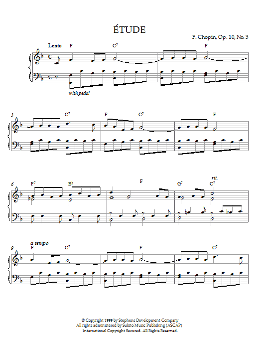 Frederic Chopin Etude In F Major, Op. 10, No. 3 (originally E Major) sheet music notes and chords arranged for Piano Solo