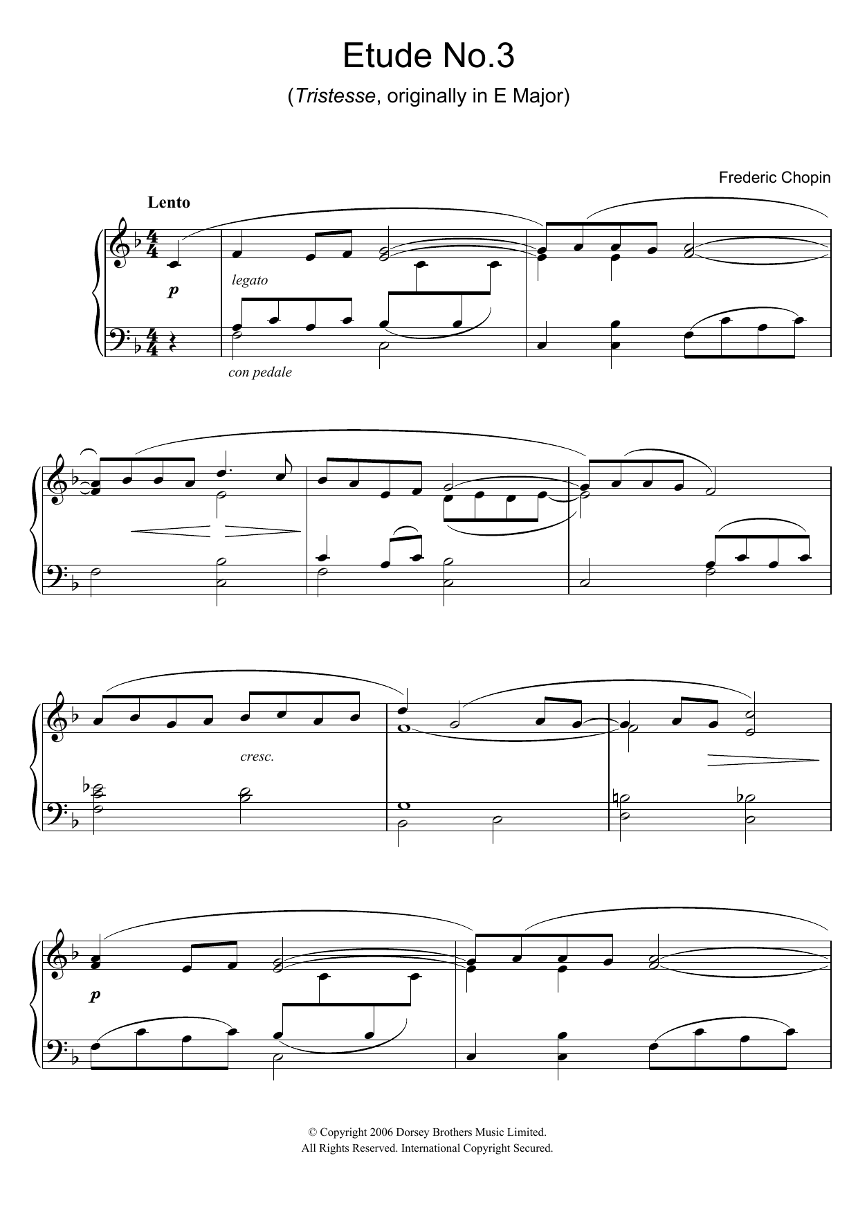 Frederic Chopin Etude in F Major, Op.10, No.3 (Tristesse) (originally E Major) sheet music notes and chords arranged for Easy Piano