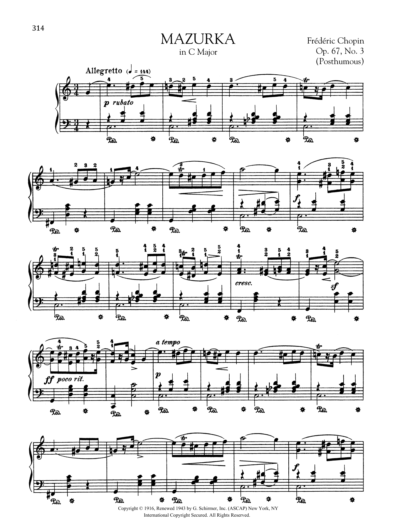 Frederic Chopin Mazurka in C Major, Op. 67, No. 3 (Posthumous) sheet music notes and chords. Download Printable PDF.