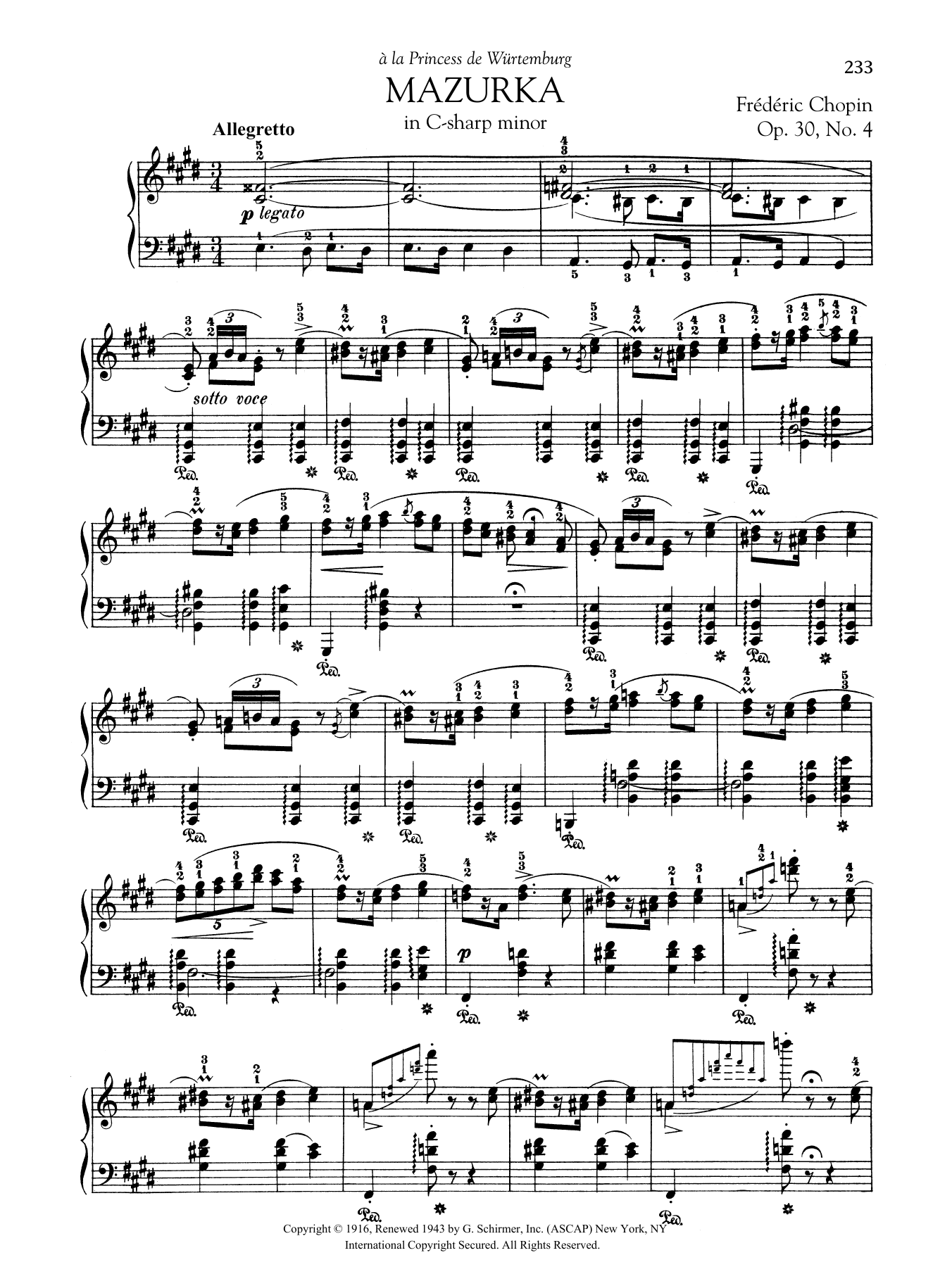 Frederic Chopin Mazurka in C-sharp minor, Op. 30, No. 4 sheet music notes and chords arranged for Piano Solo