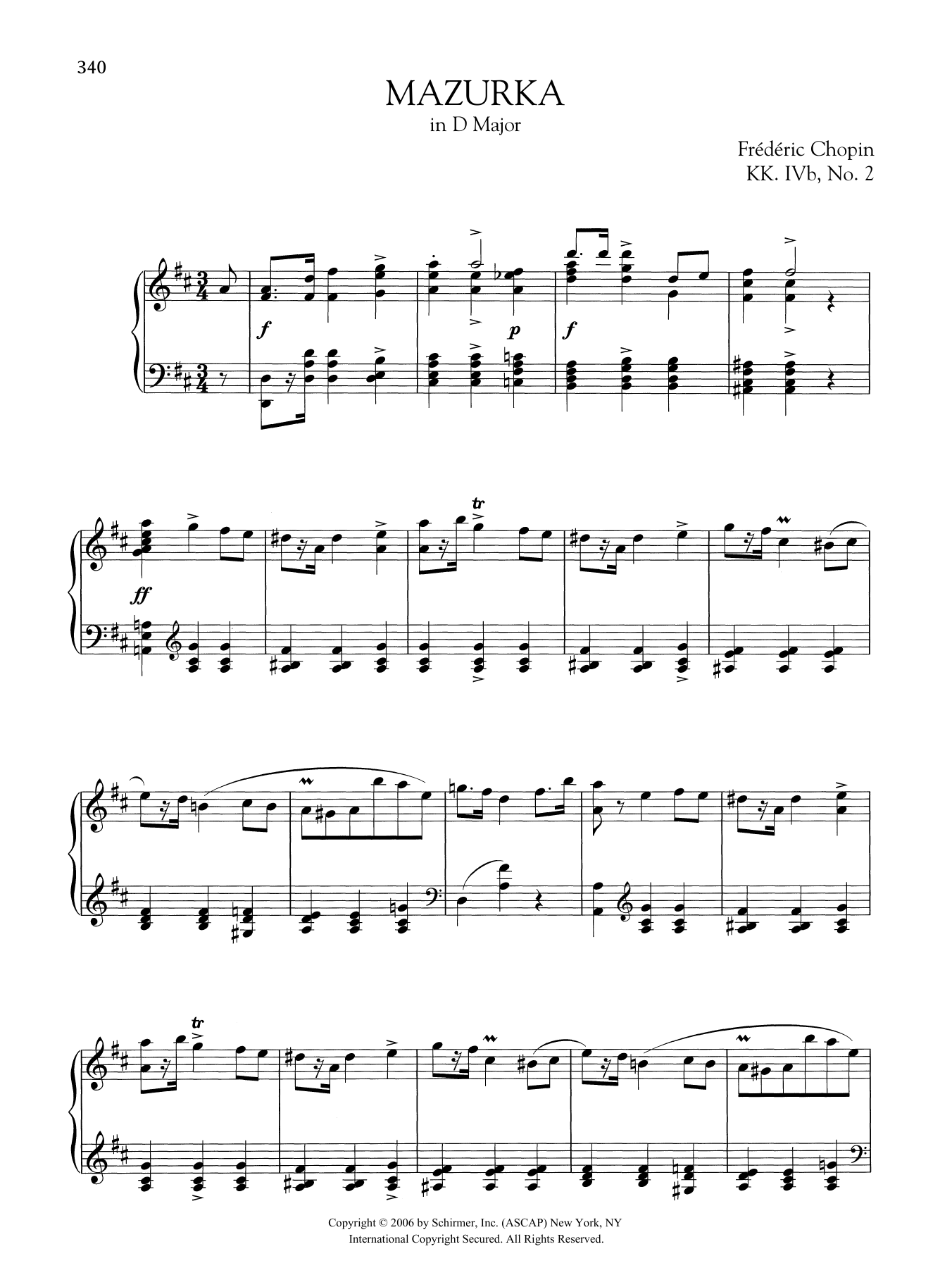 Learn to play Frederic Chopin Mazurka in D Major, KK. IVb, No. 2 sheet music for Piano Solo in minutes. Price: 7.8900$ Frederic Chopin Mazurka in D Major, KK. IVb, No. 2 sheet music notes and chords arranged for Piano Solo