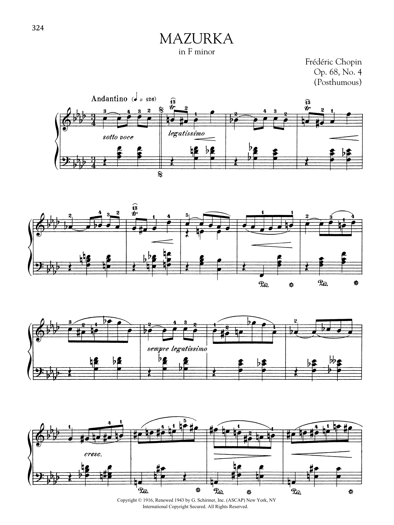 Frederic Chopin Mazurka in F minor, Op.68, No. 4 (Posthumous) sheet music notes and chords. Download Printable PDF.