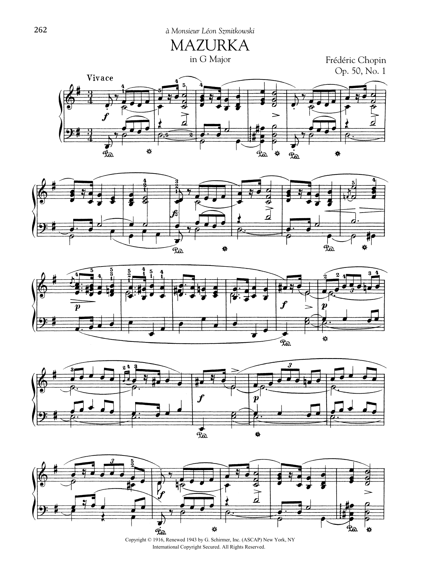 Frederic Chopin Mazurka in G Major, Op. 50, No. 1 sheet music notes and chords arranged for Piano Solo